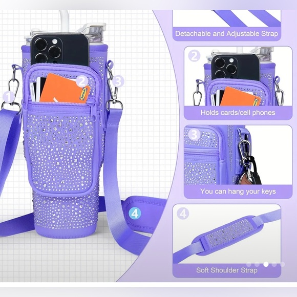Pink Rhinestone Water Bottle /TraveTumbler Travel Holder for 30/40 oz with Strap - Picture 2 of 2